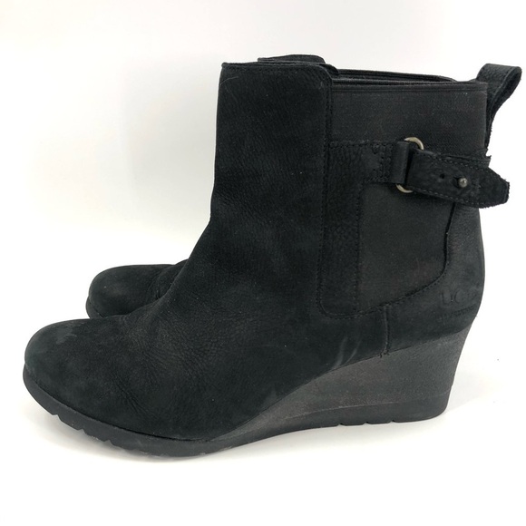 UGG Indra Waterproof Wedge Booties Black Suede Leather Ankle Boots Size 10 - Picture 5 of 10